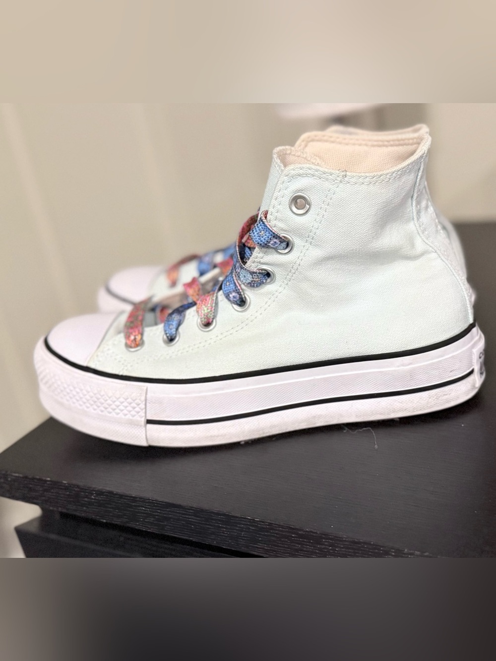 Converse High Top Sneakers in light mint color with Multicolor Patterned Laces - Picture 6 of 16
